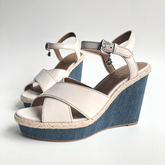 NEW COACH Eaton Chalk Leather White Wedge Sandals - Picture 1 of 8